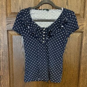 Ralph Lauren Navy Polka Dot Ruffle Top Size Medium 100% Cotton